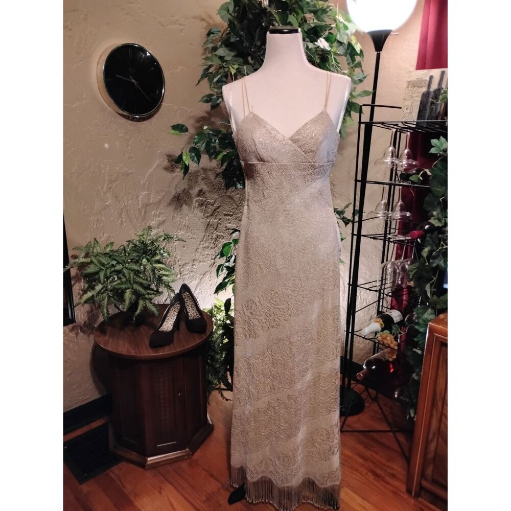 Rampage Gold Lace & Fringe Maxi Slip Dress Size 5